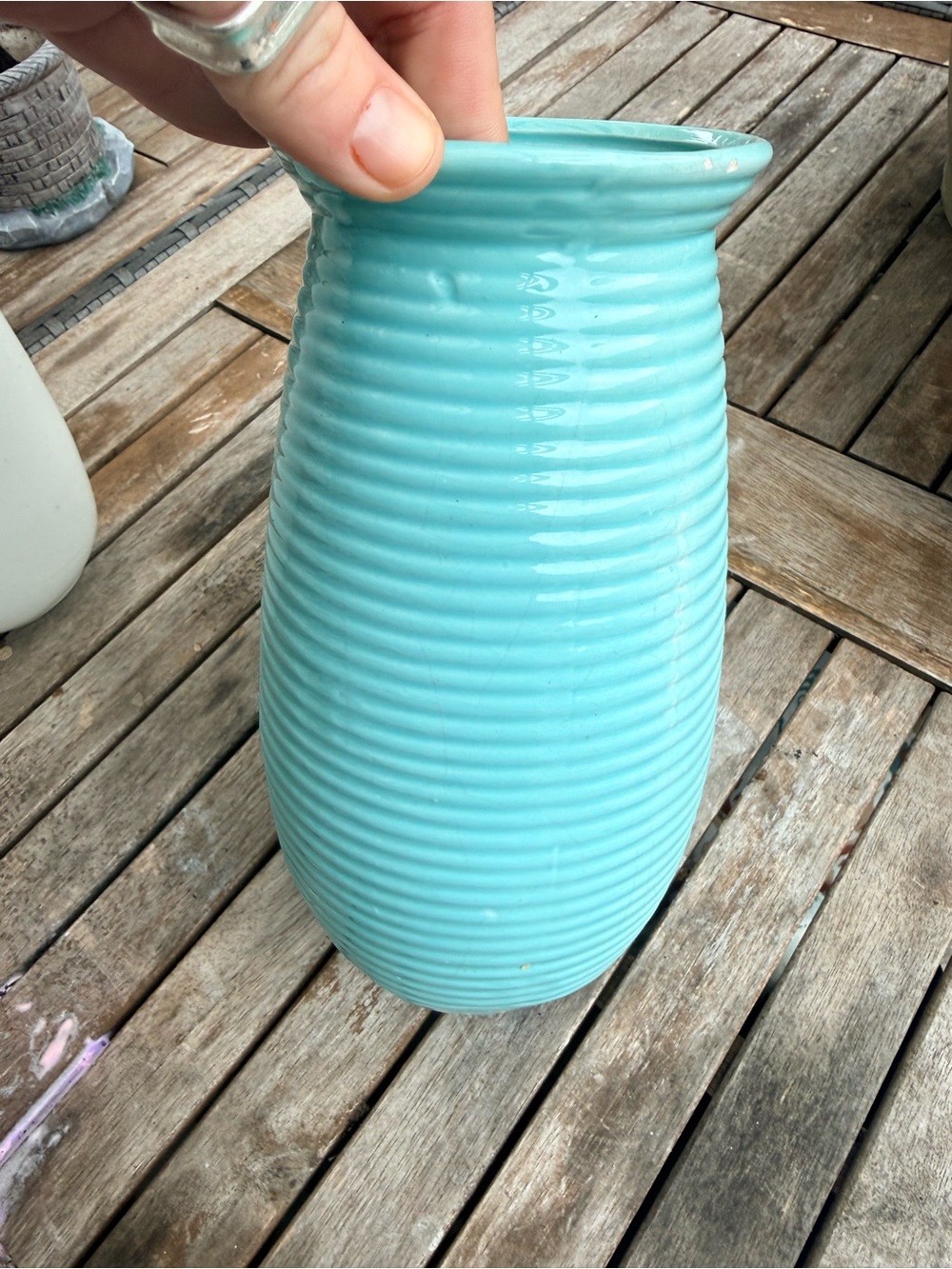 Ceramic Ribbed Vase - Aqua Blue